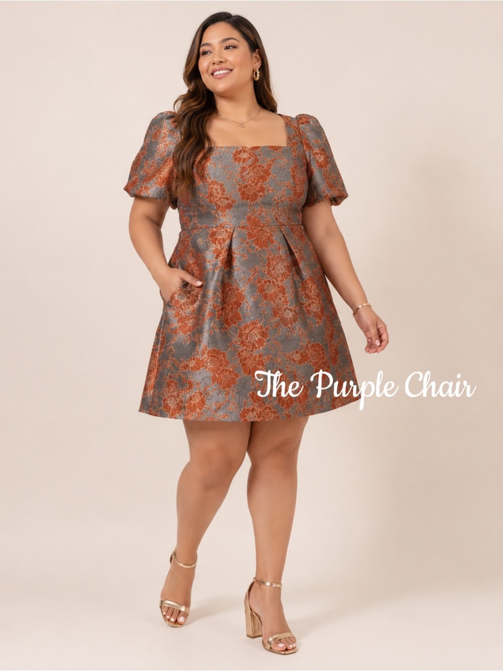 VINCE CAMUTO NWT Floral Jacquard Square Neck Puff Sleeve Dress 24W